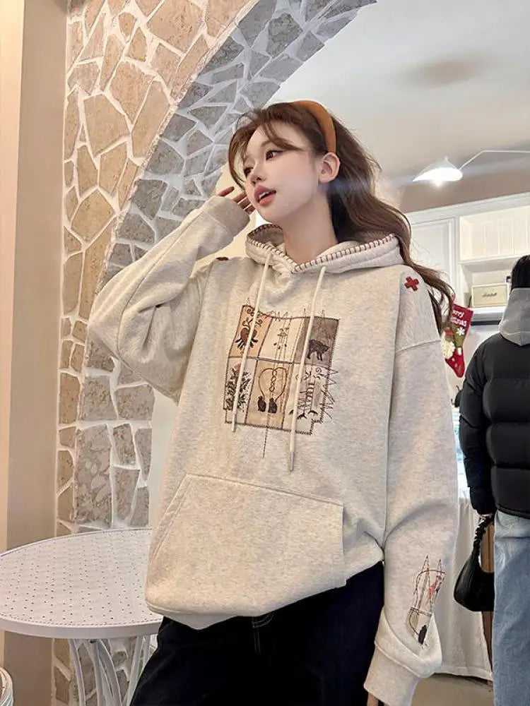 Autumn Winter 2025 Beige Velvet Embroidered Elegant Pullover Fashion Short Hooded Sweatshirt Women Trendy Long Sleeve Tops Retro