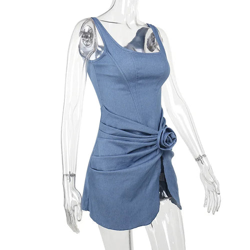 Load image into Gallery viewer, Flower Denim Mini Dress For Women Fashion Strapless Backless Ruched Dresses Femme Sleeveless Skinny Sexy Dress
