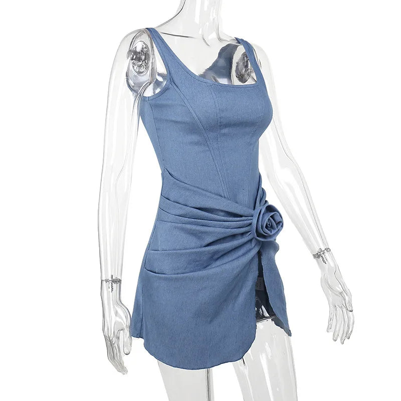 Flower Denim Mini Dress For Women Fashion Strapless Backless Ruched Dresses Femme Sleeveless Skinny Sexy Dress
