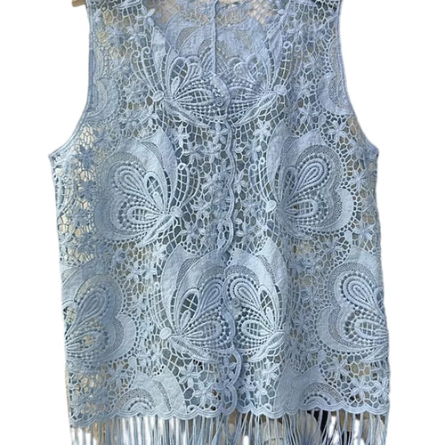 Load image into Gallery viewer, Solid Hollow Out Loose T Shirts For Women O Neck Sleeveless Minimalist Casual Spliced Tassel T Shirts Female New
