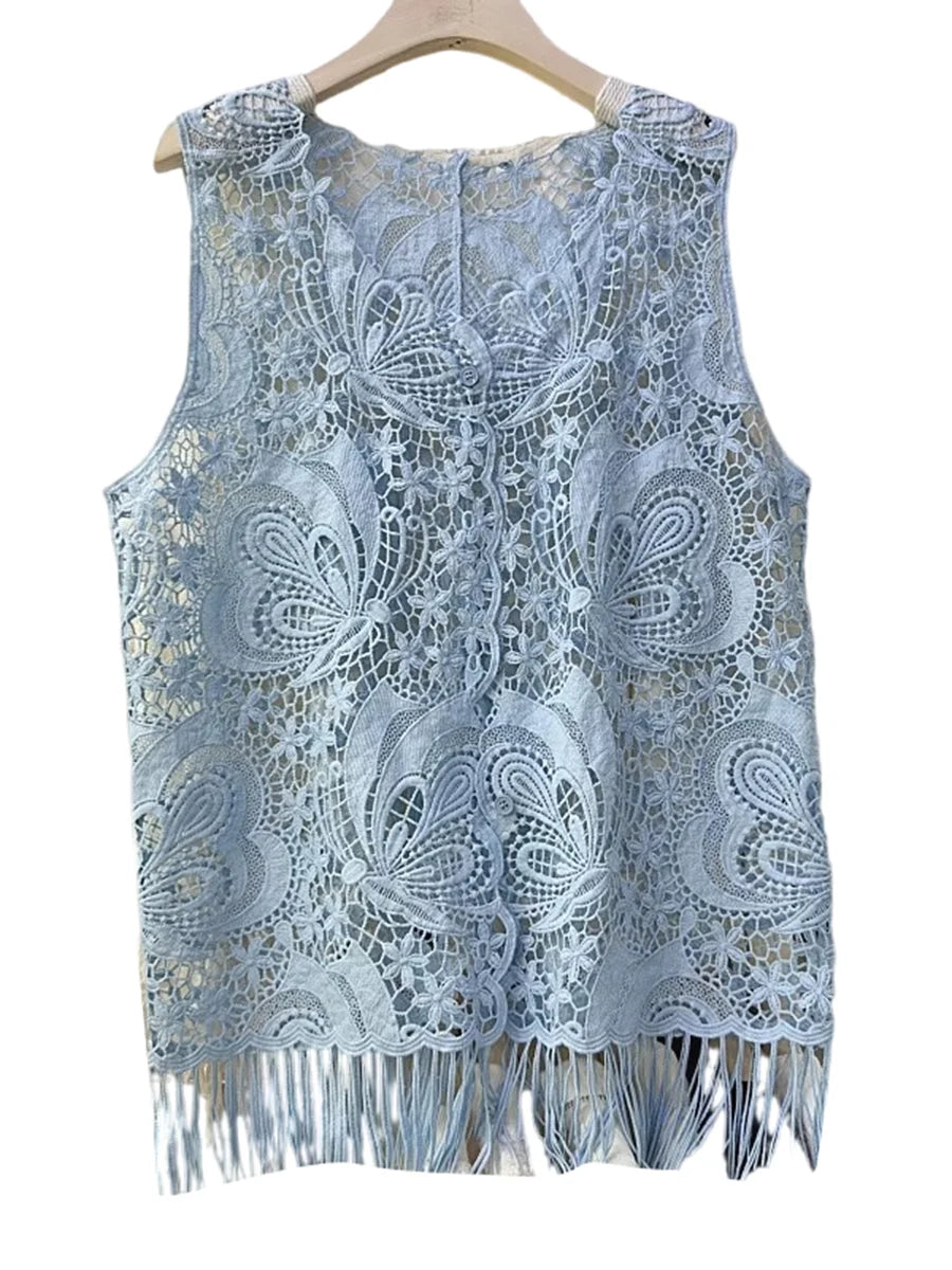 Solid Hollow Out Loose T Shirts For Women O Neck Sleeveless Minimalist Casual Spliced Tassel T Shirts Female New