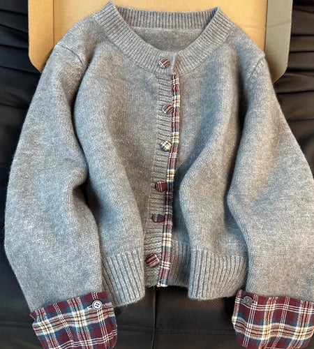 Autumn Winter Grey Patchwork Plaid Elegant Short Knitted Sweater Korean Women's Red Round Neck Long Sleeved Button Cardigan Tops