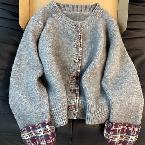 Load image into Gallery viewer, Autumn Winter Grey Patchwork Plaid Elegant Short Knitted Sweater Korean Women's Red Round Neck Long Sleeved Button Cardigan Tops
