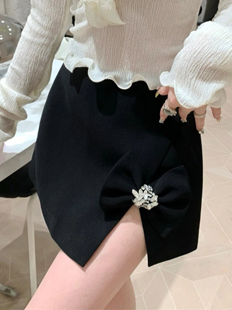 Solid Spliced Bow Skirts For Women High Waist A Line Split Tempeament Summer Mini Skirt Female Fashion Clothing