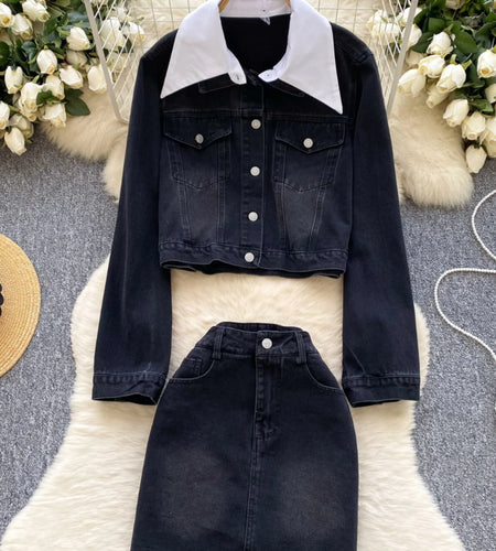 French Vintage Two Piece Set Women Blue Black Denim Patchwork Long Sleeve Single Breasted Tops And High Waist Short Skirt Spring
