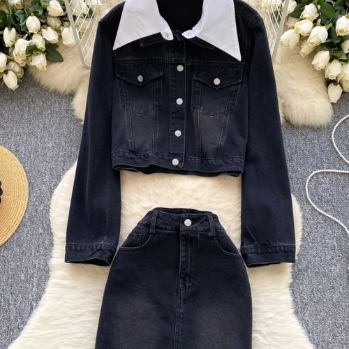 Load image into Gallery viewer, French Vintage Two Piece Set Women Blue Black Denim Patchwork Long Sleeve Single Breasted Tops And High Waist Short Skirt Spring
