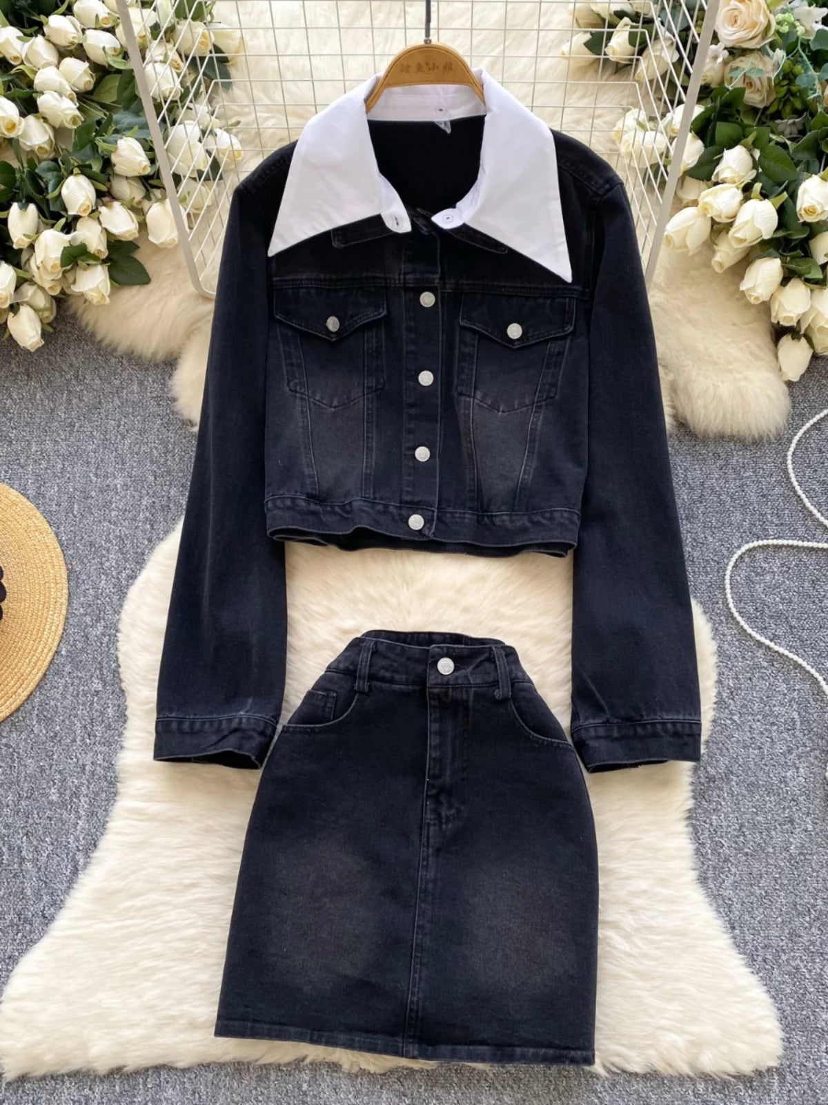 French Vintage Two Piece Set Women Blue Black Denim Patchwork Long Sleeve Single Breasted Tops And High Waist Short Skirt Spring