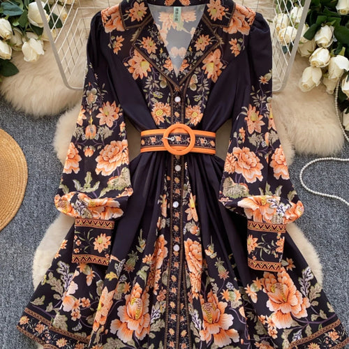 Load image into Gallery viewer, French Vintage Black Blue Flower Elegant High Waist Long Sleeved A Line Dresses Spring Fashion Evening Party Gown Dress Bohemian
