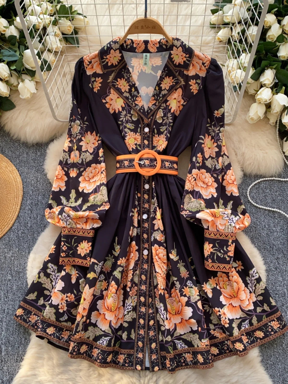 French Vintage Black Blue Flower Elegant High Waist Long Sleeved A Line Dresses Spring Fashion Evening Party Gown Dress Bohemian