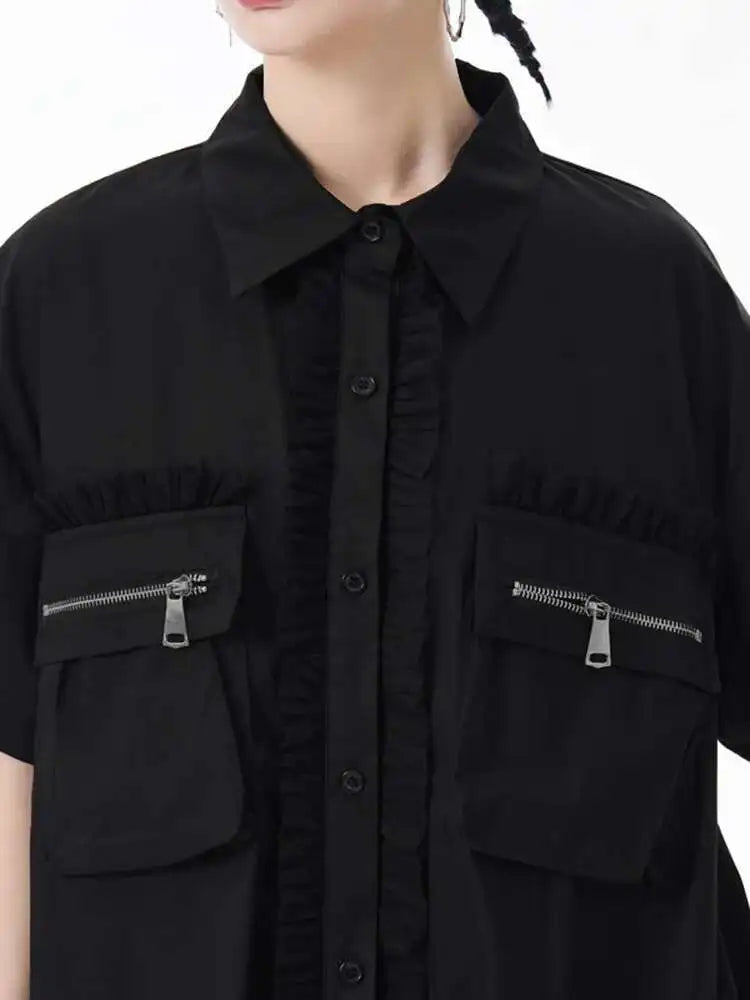 Women White Mesh Color-block Big Size Midi Shirt Dress New Lapel Short Sleeve Fashion Tide Spring Summer 2025 1DJ0003