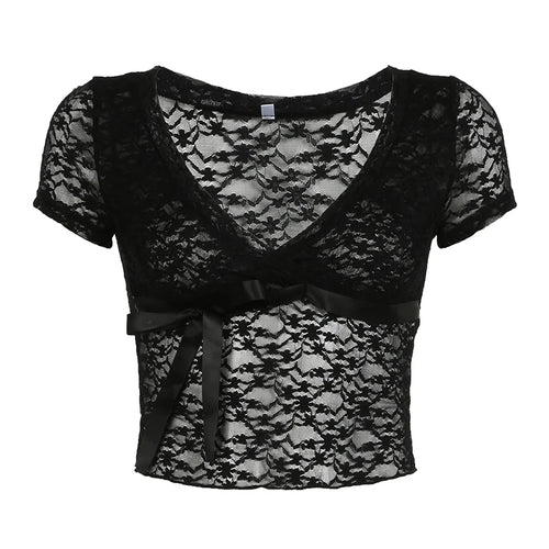 Load image into Gallery viewer, Fashion Chic Black Summer T-shirts Women See Through Tie-Up Bow Crop Top Lace Shirts Y2K Party Clothes Skinny Gothic
