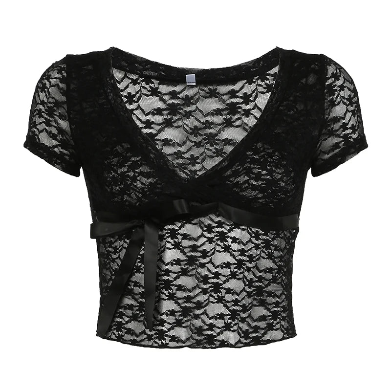 Fashion Chic Black Summer T-shirts Women See Through Tie-Up Bow Crop Top Lace Shirts Y2K Party Clothes Skinny Gothic