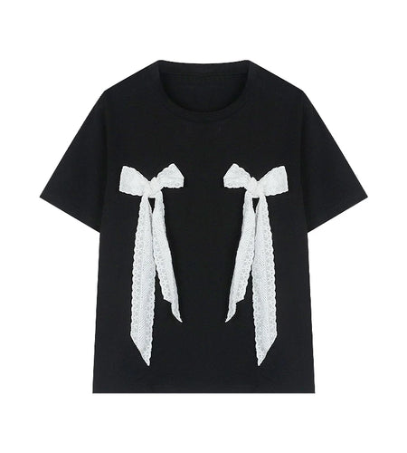 Black Woman Tshirts 2024 Ropa Mujer Sweet Lace Bandage Bow Short Sleeve Tees Casual Fashion Summer T Shirt Women's Clothing