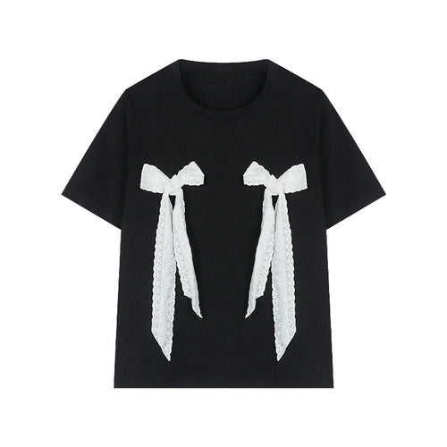 Load image into Gallery viewer, Black Woman Tshirts 2024 Ropa Mujer Sweet Lace Bandage Bow Short Sleeve Tees Casual Fashion Summer T Shirt Women's Clothing
