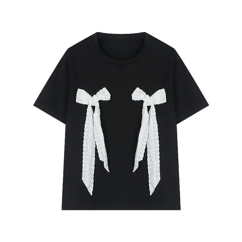 Black Woman Tshirts 2024 Ropa Mujer Sweet Lace Bandage Bow Short Sleeve Tees Casual Fashion Summer T Shirt Women's Clothing