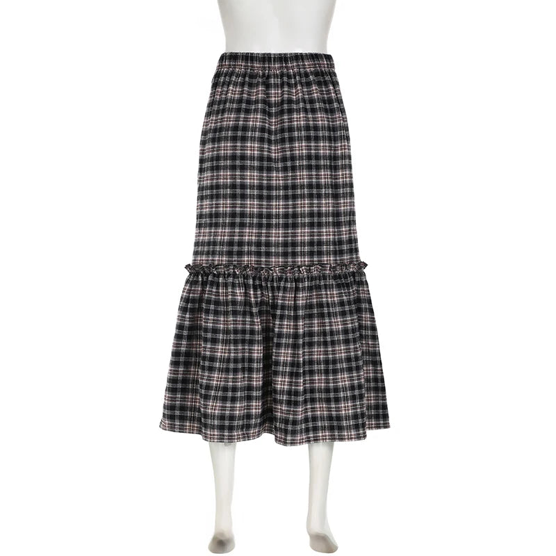 Vintage Loose Y2K Aesthetic Plaid Skirt Female England Style 2000s Aesthetic Frill Autumn Long Skirt Checkered Bottom