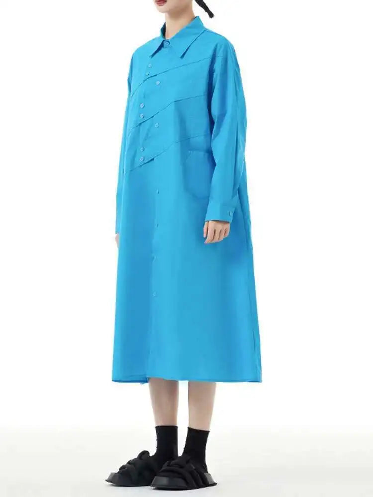 Women Rose Red Button Design Big Size Midi Shirt Dress New Lapel Long Sleeve Fashion Tide Spring Autumn 2025 1DH5165