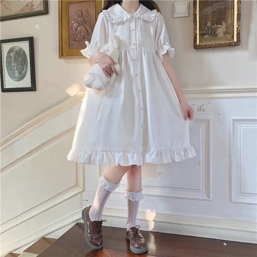 Load image into Gallery viewer, White Kawaii Lolita Dress For Girls Soft Princess Fairy Peter Pan Collar Dress Japanese Style Cute Puff Sleeve Party Dress
