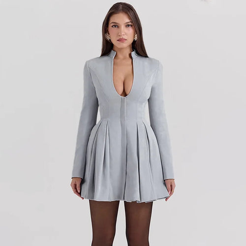 Load image into Gallery viewer, Gray Long Sleeve Sexy Mini Dress Women Solid V Neck High Waist A-line Club Party Pleated Sexy Dress Elegant Clubwear
