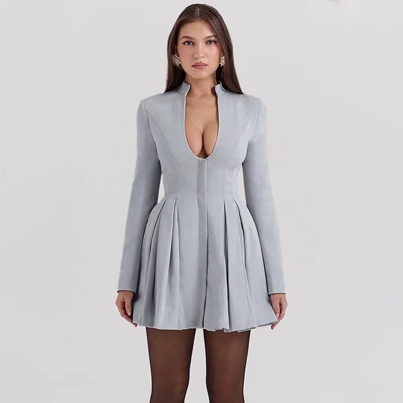 Gray Long Sleeve Sexy Mini Dress Women Solid V Neck High Waist A-line Club Party Pleated Sexy Dress Elegant Clubwear
