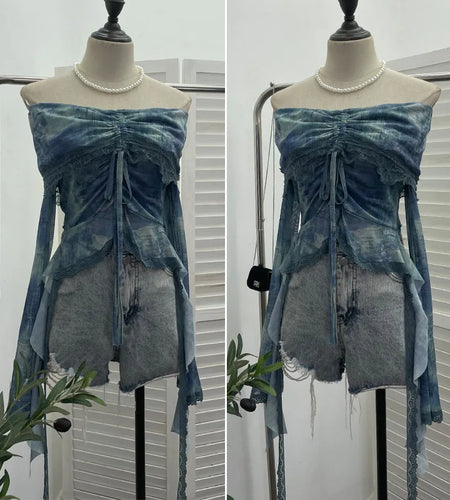 Slash Neck Tie-dye Harajuku T-shirts Streetwear Lace Patchwork Slim Fit Grunge Tops Women Y2k Aesthetic Vintage Drawstring Tees