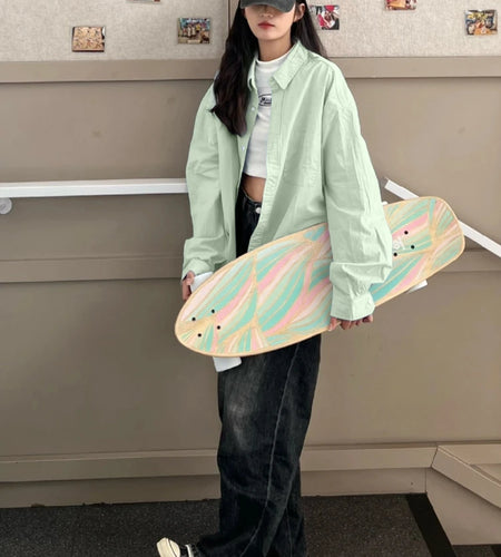 Y2k Aesthetic Solid Oversized Women Blouse Vintage Pocket Harajuku Casual Tops 2025 Autumn Loose Single Breasted Grunge Blusas