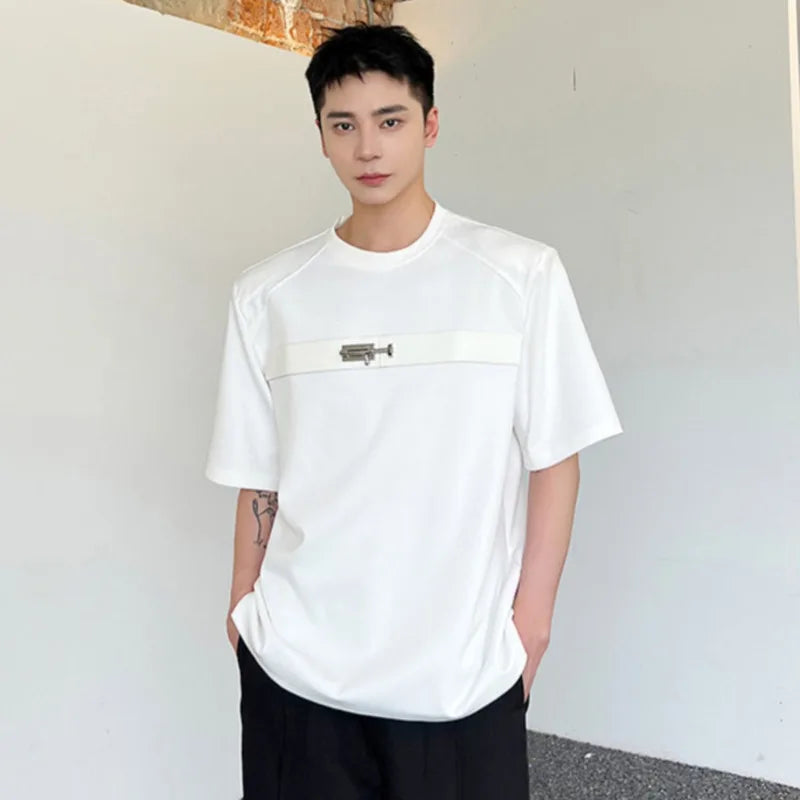 Summer Trendy Male T-shirt Round Collar Short Sleeve Top Personality Belt Metal Decoration Loose Casual T-shirts 9C5491