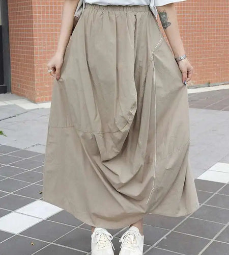 High Elastic Waist Khaki Pleated Irregular A-line Half-body Skirt Women Fashion Tide New Spring Autumn 2025 1DJ0225