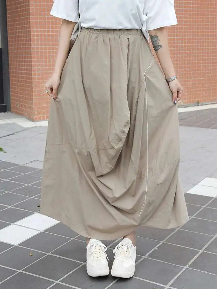 High Elastic Waist Khaki Pleated Irregular A-line Half-body Skirt Women Fashion Tide New Spring Autumn 2025 1DJ0225