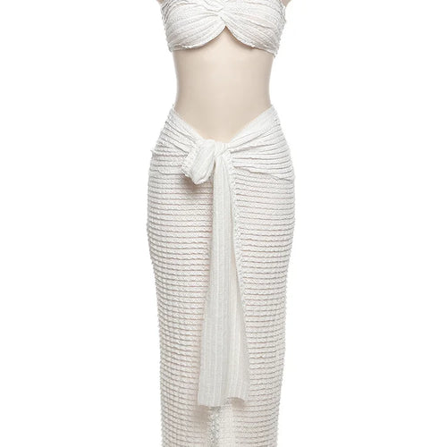 Load image into Gallery viewer, Elegant Stacked Folds Two Piece Set Women Solid Thin Strapless Chest Tops+Slim Skirts Female Streetwear Matching Suit
