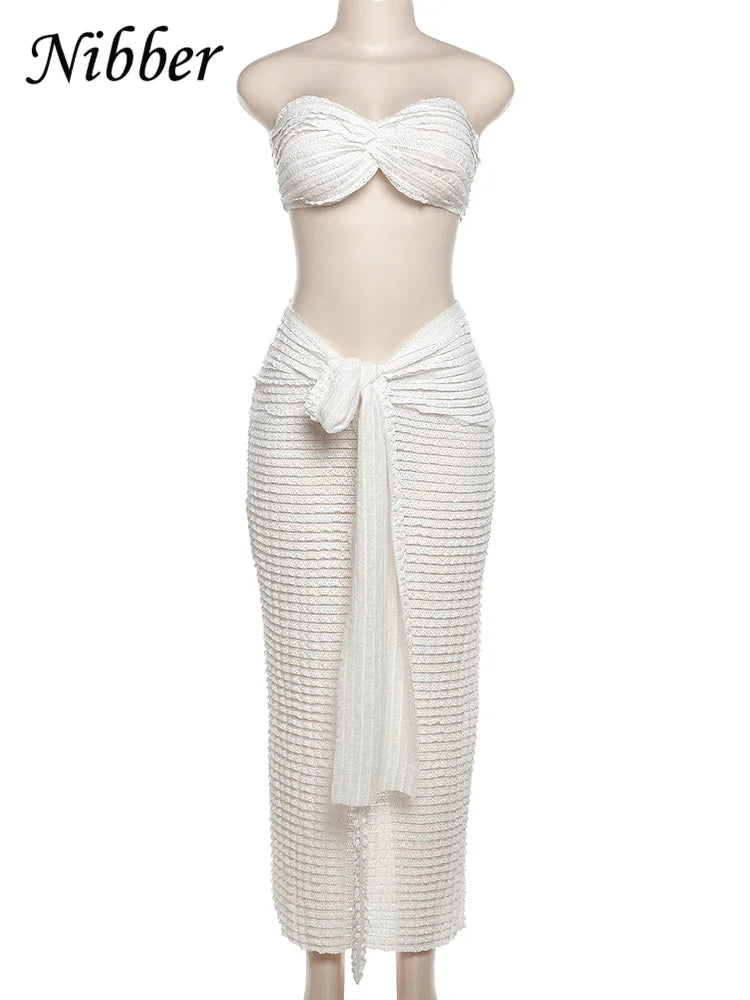 Elegant Stacked Folds Two Piece Set Women Solid Thin Strapless Chest Tops+Slim Skirts Female Streetwear Matching Suit