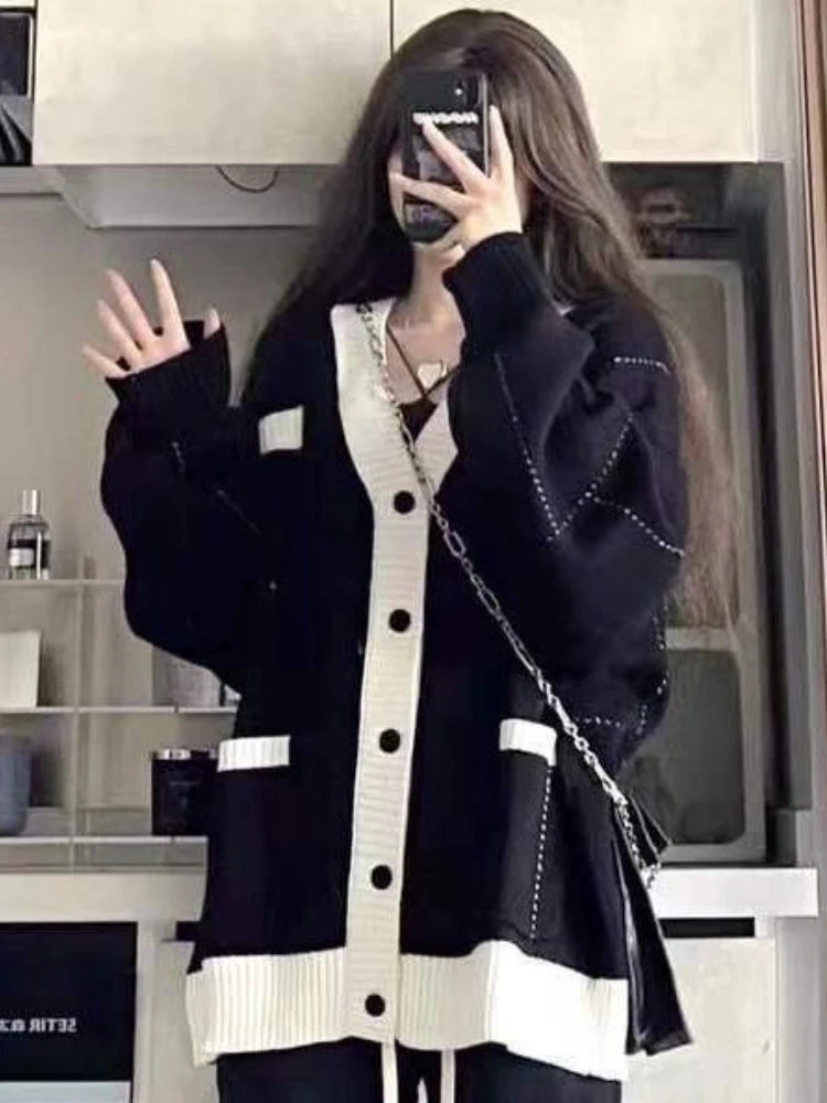 Harajuku Patchwork Simple Cardigan Women Loose V-neck Pocket Streetwear Knitted Female Cardigans Coat Y2k Aesthetic 2025 Autumn