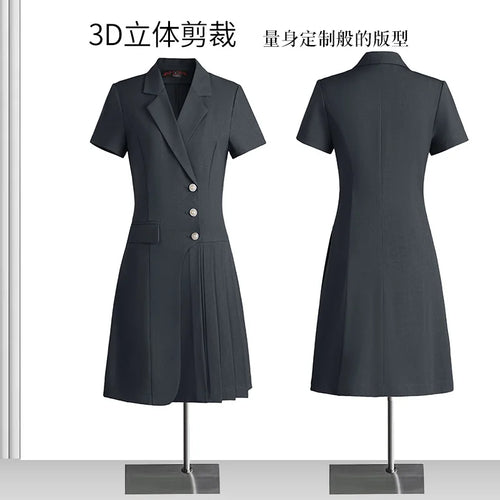Load image into Gallery viewer, Korean Solid Office Professional Workwear Blazer Dress For Women 2024 Summer Short-sleeve Single Breasted Festival Pleated Dress
