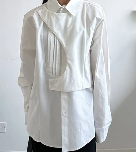 Women White Pleated Irregular Big Size Casual Blouse New Lapel Long Sleeve Shirt Fashion Tide Spring Autumn 2025 1DH6894