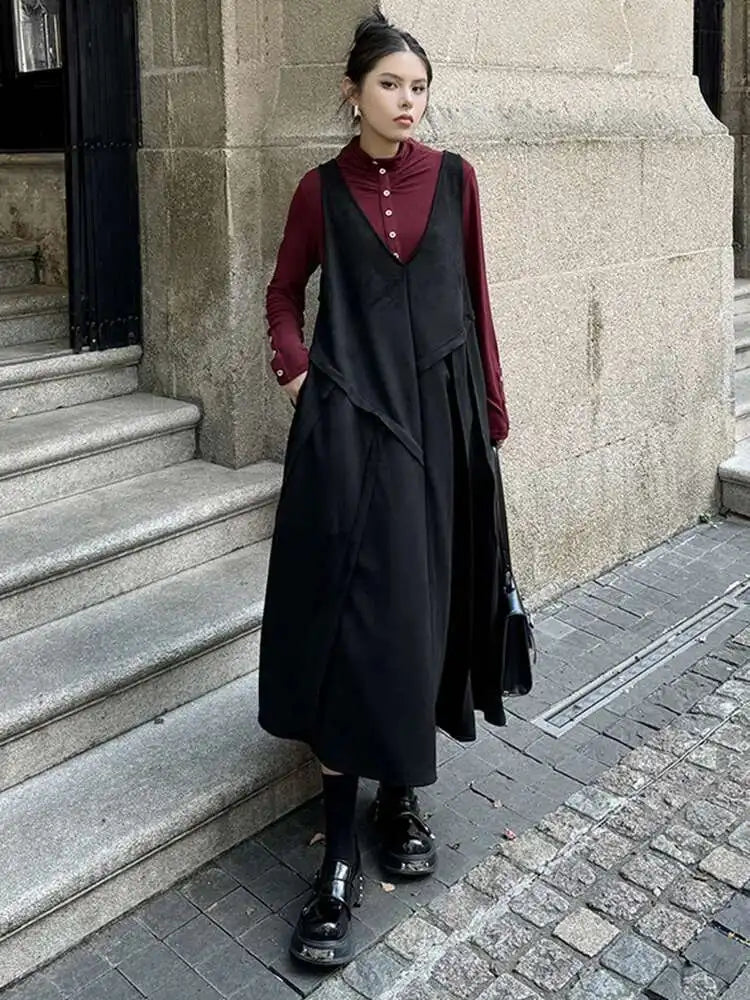 Women Black Irregular Spliced Big Size Long Strap Dress New V-Neck Sleeveless Fashion Tide Spring Autumn 2025 1DH7700
