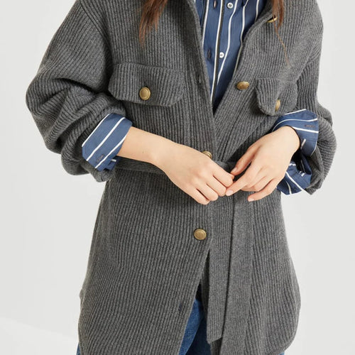 Load image into Gallery viewer, Loose Spliced Buttons Knit Jackets for Women Lapel Long Sleeves Patchwork Lace Up Casual Jacket Female Clothing New
