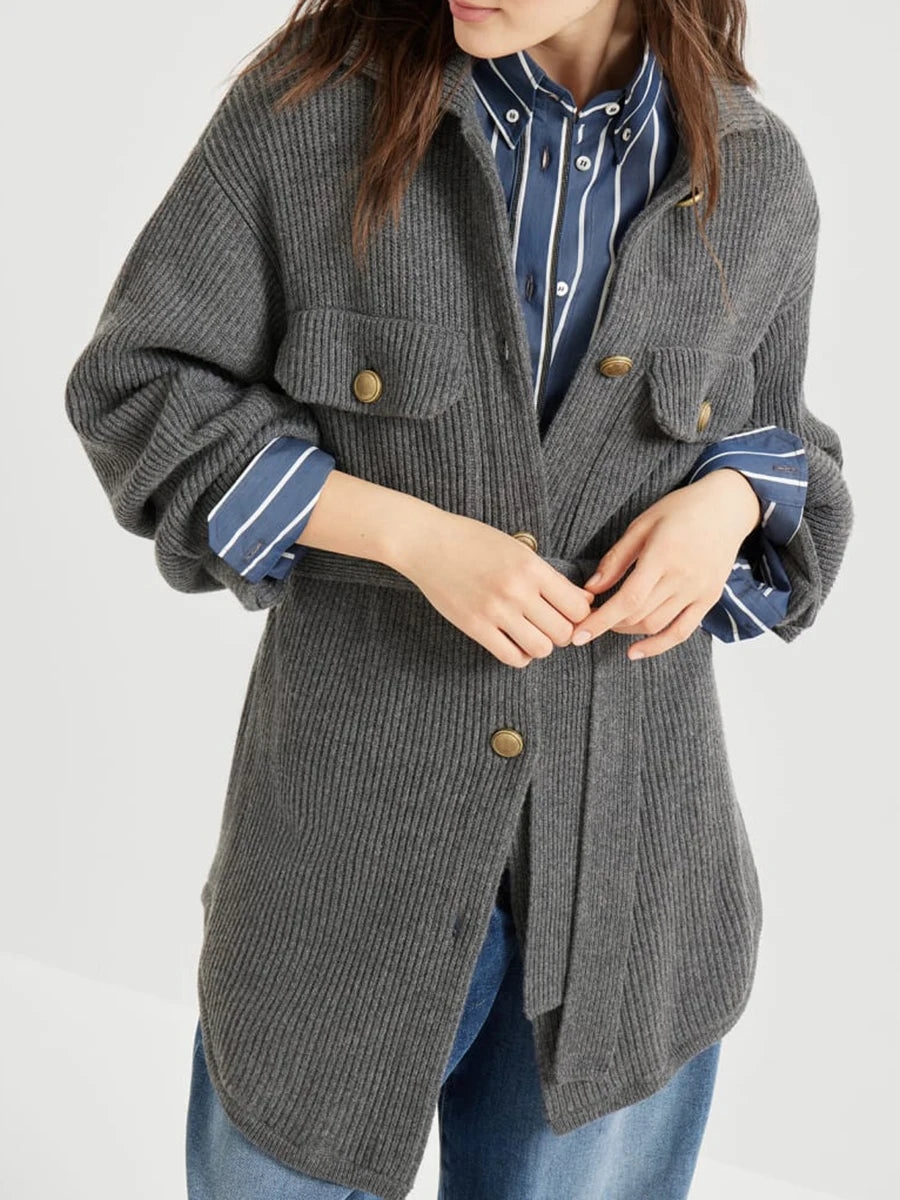 Loose Spliced Buttons Knit Jackets for Women Lapel Long Sleeves Patchwork Lace Up Casual Jacket Female Clothing New