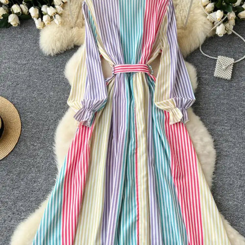 Load image into Gallery viewer, Vintage Women's Rainbow Striped Single Breasted Bow Bandage Long Dress Autumn Vacation Long Sleeved Shirt Dress Casual Clothing
