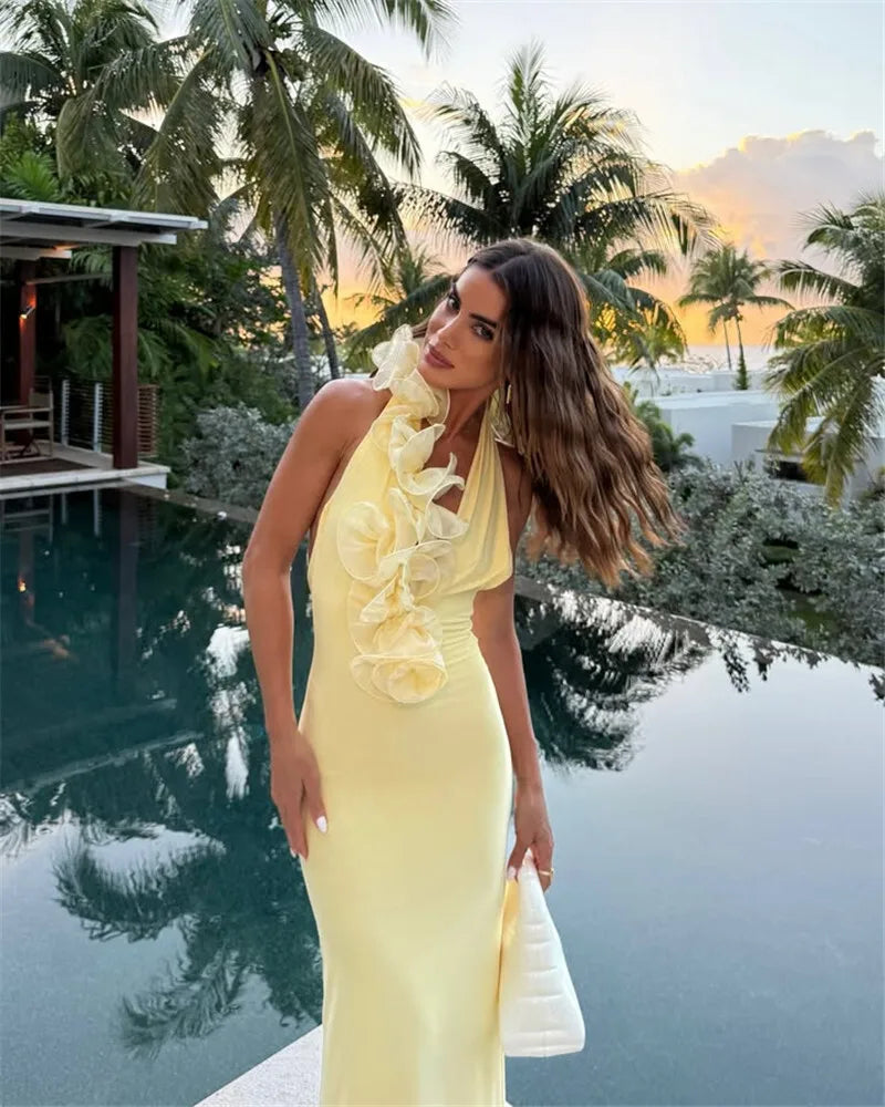 Mesh Rose Deep V Neck Sexy Maxi Dress For Women Gown Elegant Halter Sleeveless Backless Bodycon Club Party Long Dress