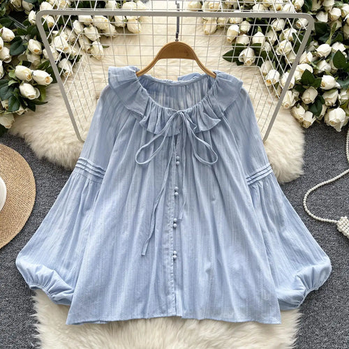 Load image into Gallery viewer, French Woman Solid Long Sleeve Lace-up Shirt Ladies Sweet Ruffle Edges Blouse Autumn Fashion New Single Breasted Short Tops Chic
