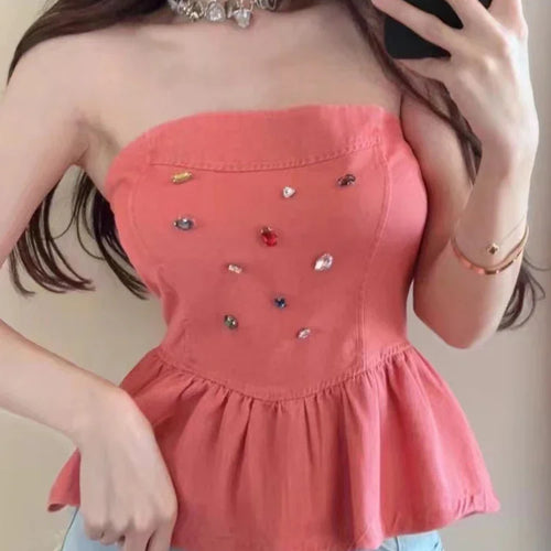 Load image into Gallery viewer, Pure Color Strapless Sexy Denim Women&#39;s Camis Pleated Sleeveless Slim Elegant Fashion Female Camis Summer High Street
