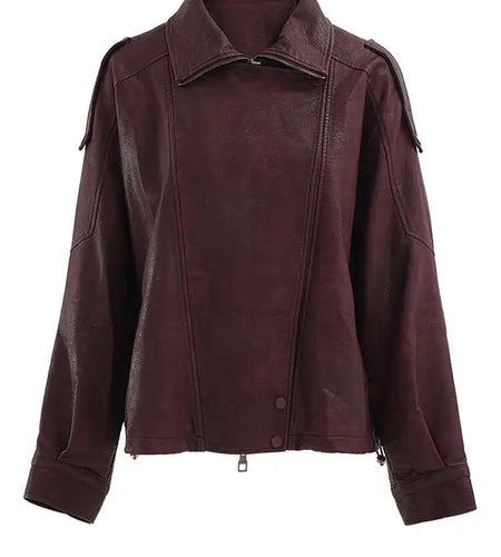 PU Leather Wine Red Vintage Big Size Jacket New Lapel Long Sleeve Women Coat Fashion Tide Spring Autumn 2025 CP6A0015