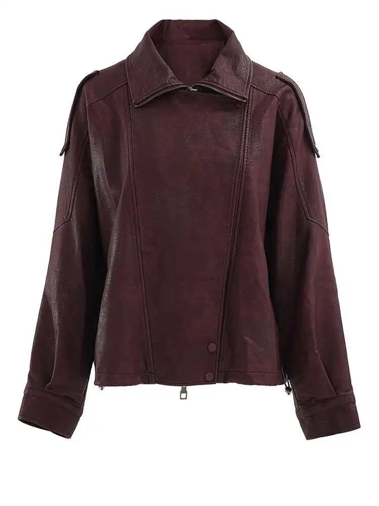 PU Leather Wine Red Vintage Big Size Jacket New Lapel Long Sleeve Women Coat Fashion Tide Spring Autumn 2025 CP6A0015