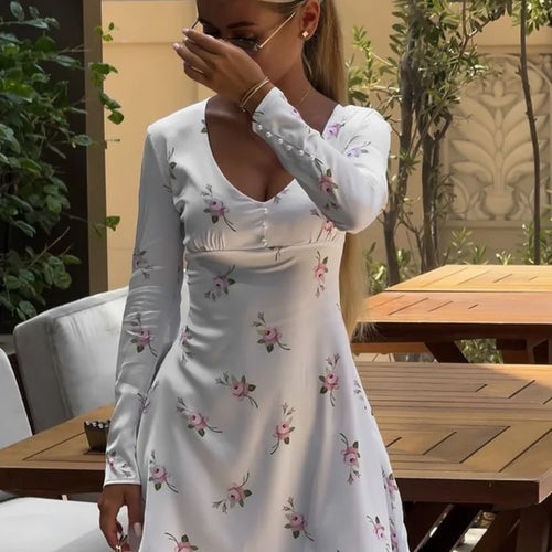 Load image into Gallery viewer, Elegant Satin Long Sleeved Printed Short Skirt For Women Slim V-neck High Waist Female Vestidos Beach Party Summer 2024
