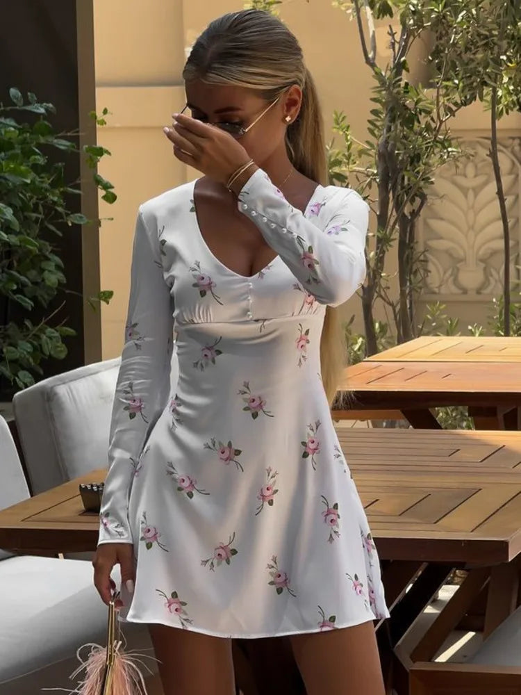 Elegant Satin Long Sleeved Printed Short Skirt For Women Slim V-neck High Waist Female Vestidos Beach Party Summer 2024