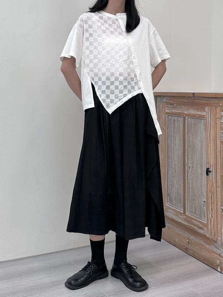 Women White  Plaid Irregular Hem Big Size T-shirt New Round Neck Short Sleeve Fashion Tide Spring Summer 2025 1DJ1674