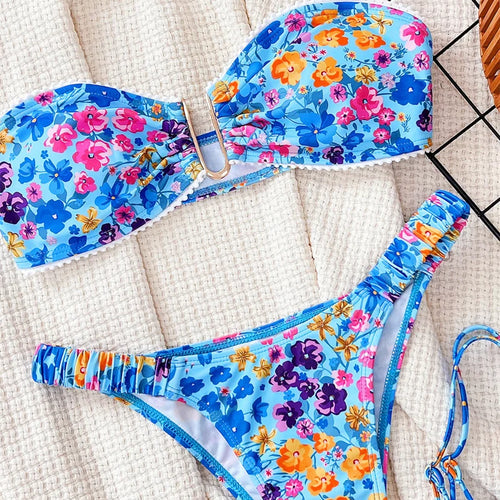 Load image into Gallery viewer, U Neck Floral Swimwear 2024 Bandeau Bikini Set Sexy Women Swimsuit Thong Biquini Brazilian Bathing Suit Beachwear
