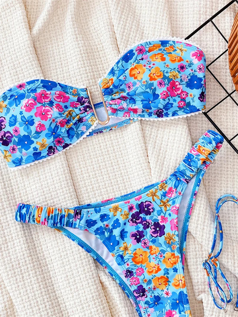 U Neck Floral Swimwear 2024 Bandeau Bikini Set Sexy Women Swimsuit Thong Biquini Brazilian Bathing Suit Beachwear