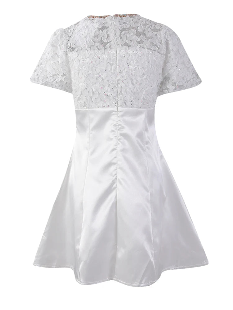 Women White Lace Rhinestones Elegant Slim Mini Dress New Round Neck Short Sleeve Fashion Tide Spring Summer 2025 CPG2980