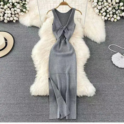 Load image into Gallery viewer, Fashion Women's Solid V Neck Elegant Sexy Club Slim Vest Long Dress Summer Vacation Backless Sleeveless Split Knitted Dress Chic
